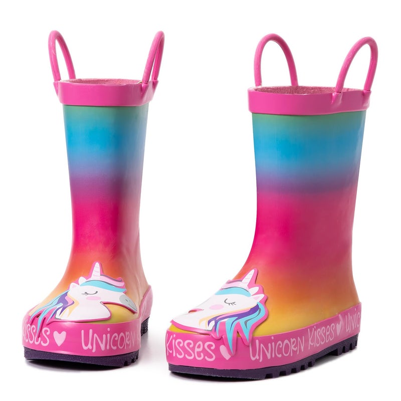K KomForme Kids Rain Boots Waterproof Printed Rubber boots with Handles, Size 1 Big Kid, Unicorn Kisses - Image 1